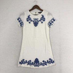 Lulus Women's Size X-Small Tale To Tell Blue Ivory White Short Sleeve Mini Dress